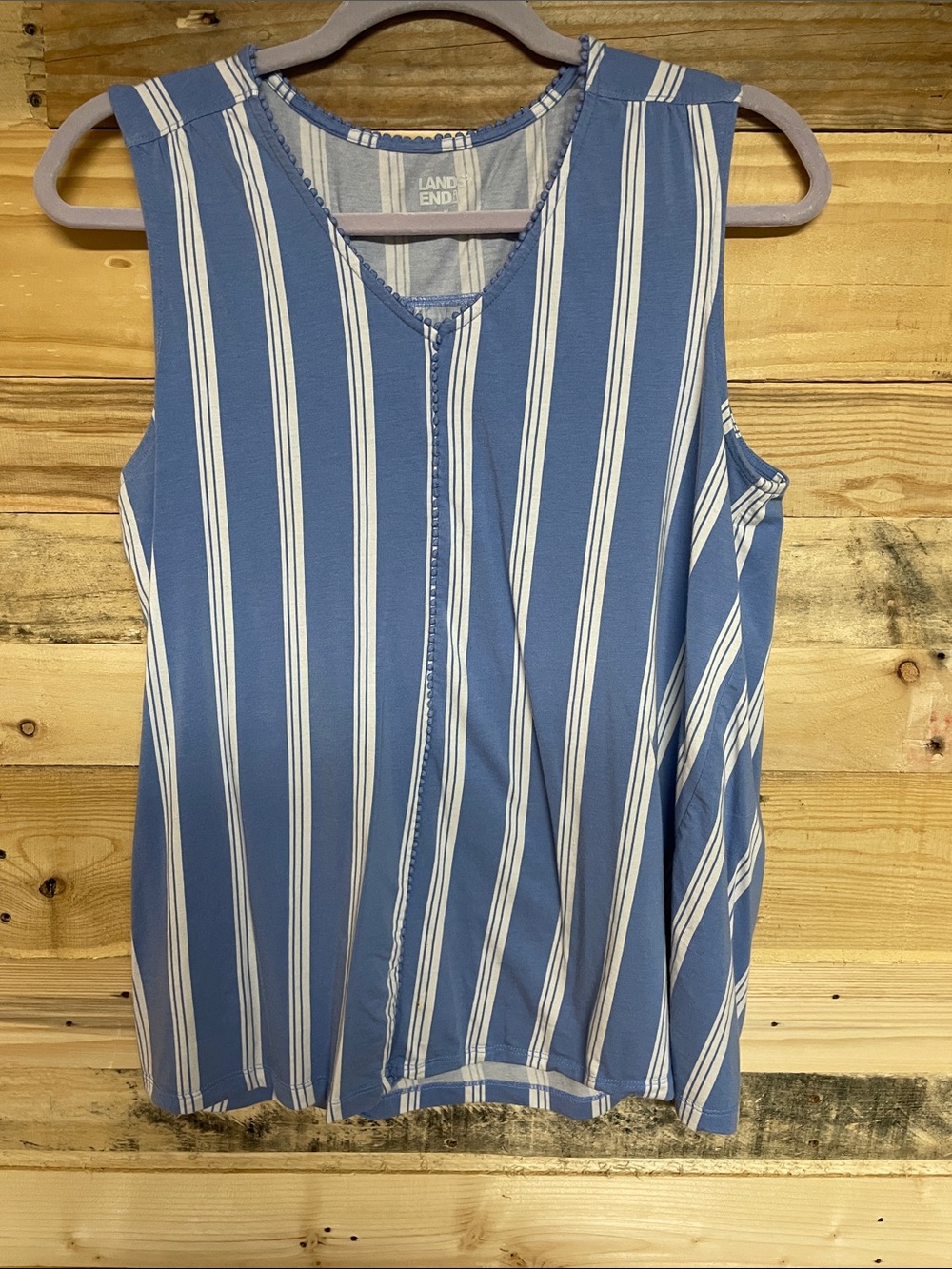 Lands’ End size medium blue with white stripes sleeveless v-neck soft blouse
